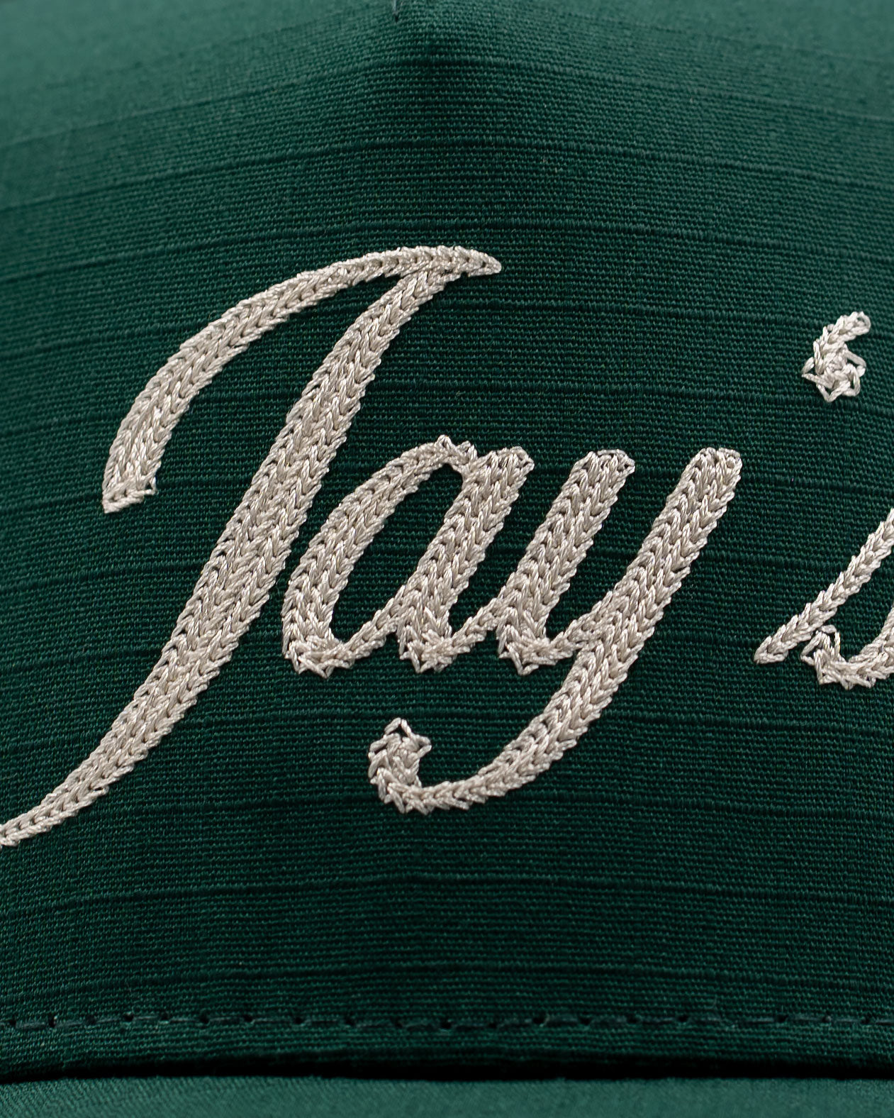 Forest-Green-structured-Cap-Jays-Jay-Blanc Chainstitch detail